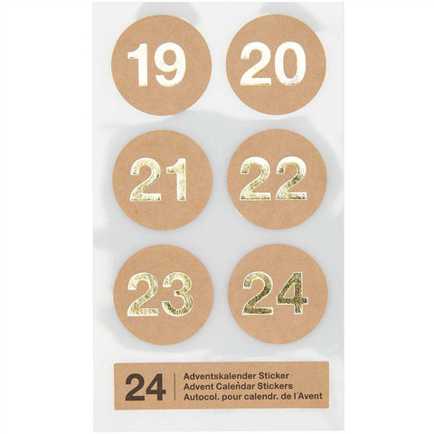 Adventskalender-Sticker, Kraftpapier/gold, 24 Stück