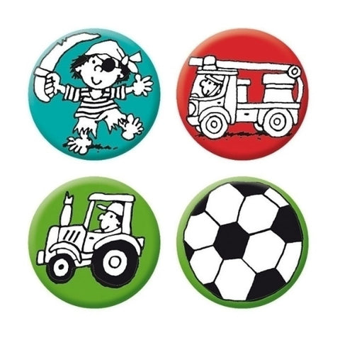 Mini-Reflektor-Buttons - Pirat, Fussball, Fahrzeuge 4er-Set