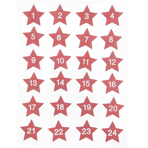 Adventskalender-Sticker, Holzsterne rot, 24 Stück